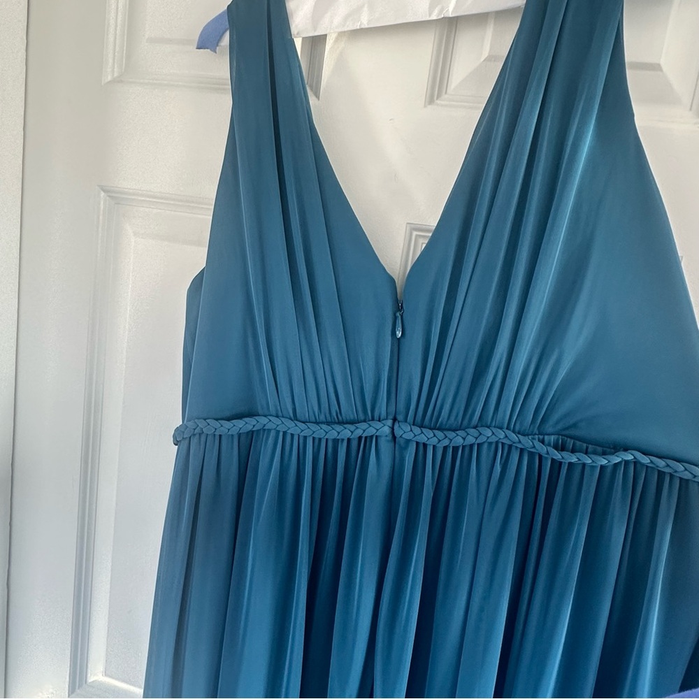 Azazie A24 TANICIA Stretch Ink Blue A-Line V-Neck Pleated Mesh Dress - Picture 6 of 6